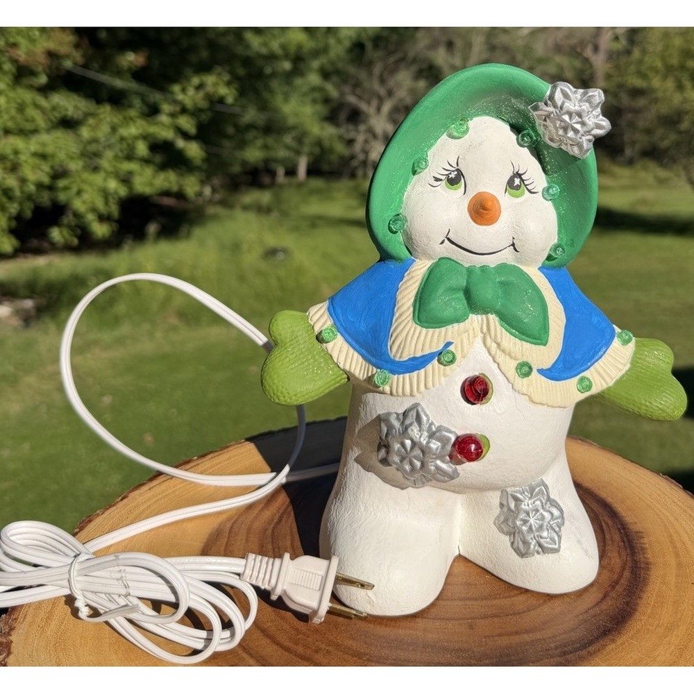 Handmade Ceramic Lighted Snow Lady Christmas Figure 9.25" Snowman Decor USA Made